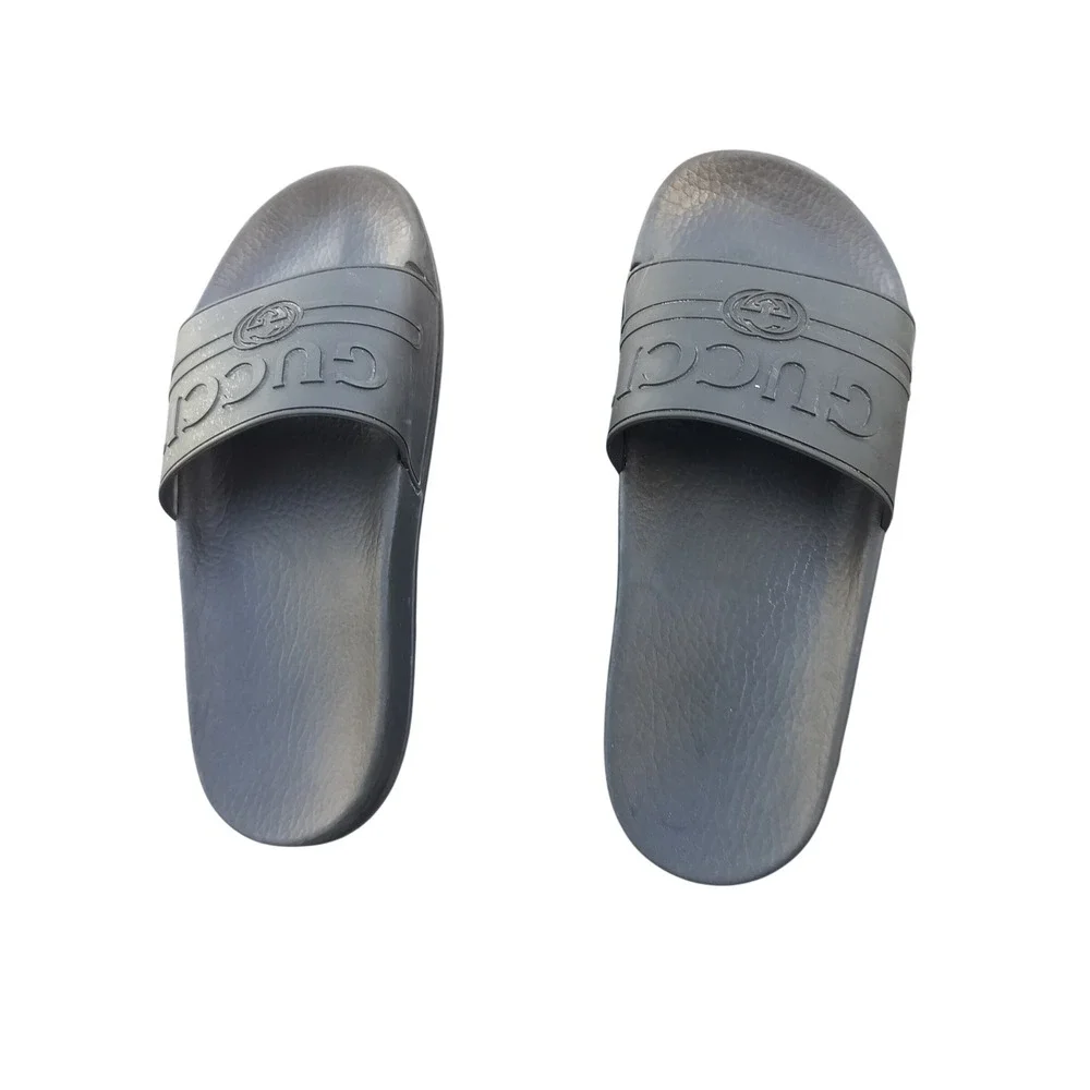 Gucci Rubber Logo Slides Sandals Dark Grey Interlocking G Made in Italy 12